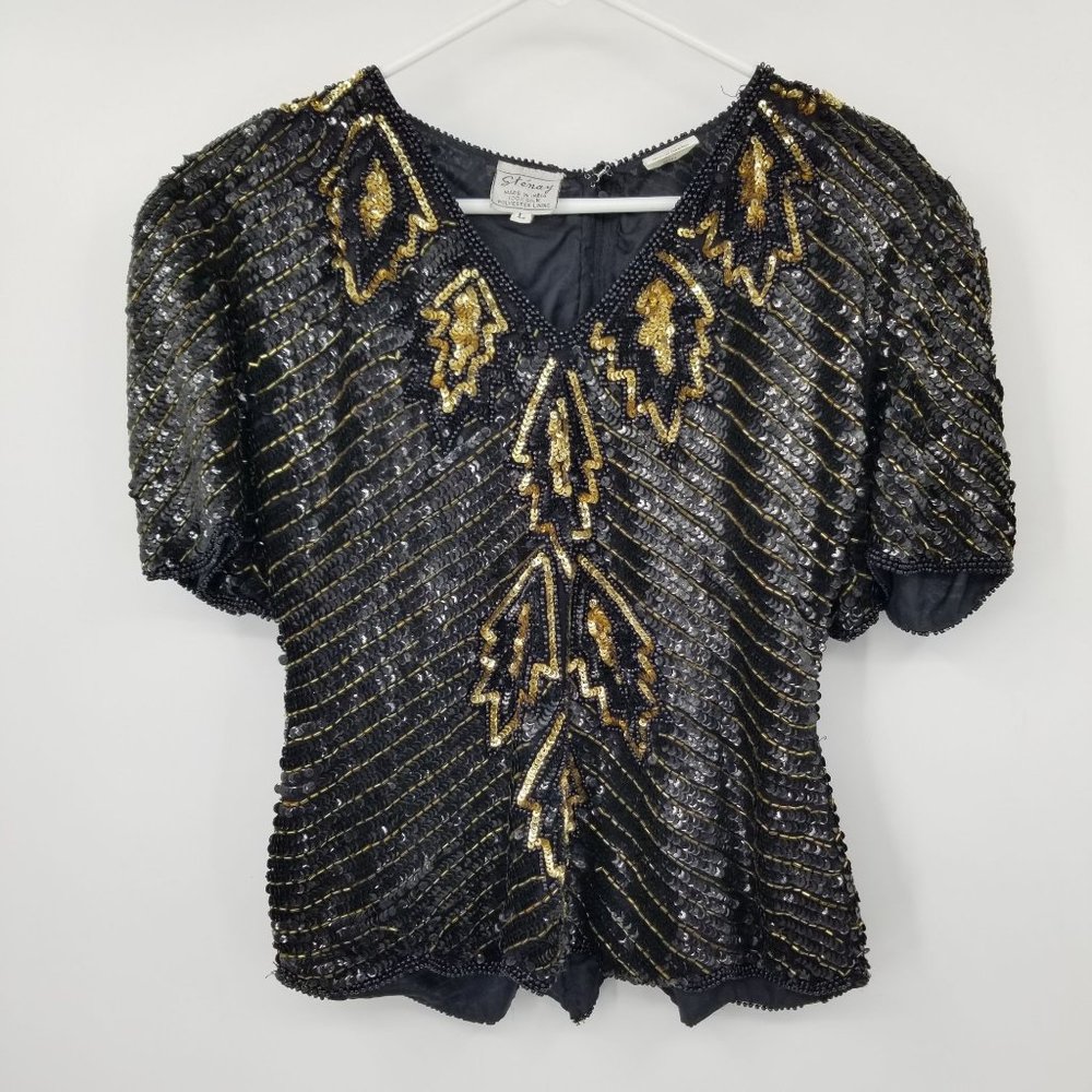 Vintage Ste'nay 100% Silk Beaded and Sequin‎ Blouse Shirt Size Large
